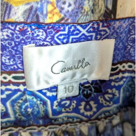 Camilla 100% Silk Mosaic Print Mini Dress Blue Yellow Boho V-Neck – Size 10 - Picture 5 of 6